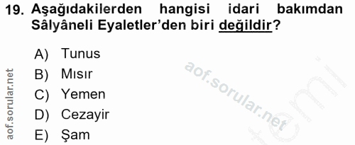 19. soru: Aşağıdakilerden hangisi idari bakımdan Sâlyâneli Eyaletler'den biri değildir? A) Tunus B) Mısır C) Yemen D) Cezayir E…