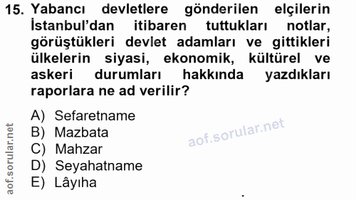 15. soru: Yabancı devletlere gönderilen elçilerin İstanbul'dan itibaren tuttukları notlar, görüştükleri devlet adamları ve gitt…