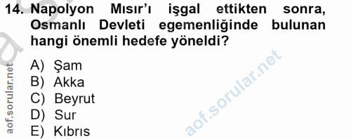 14. soru: Napolyon Mısır'ı işgal ettikten sonra, Osmanlı Devleti egemenliğinde bulunan hangi önemli hedefe yöneldi? A) Şam B) A…