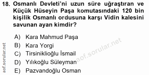 18. soru: Osmanlı Devleti'ni uzun süre uğraştıran ve Küçük Hüseyin Paşa komutasındaki 120 bin kişilik Osmanlı ordusuna karşı Vi…