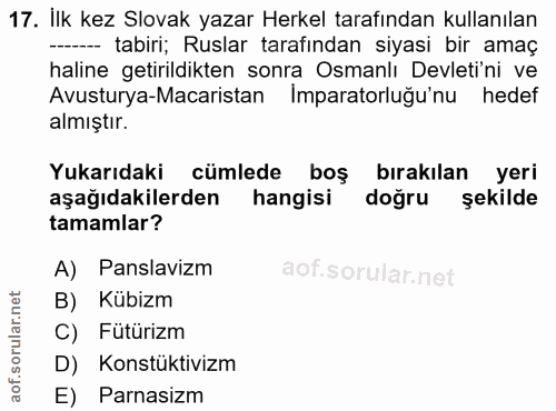 17. soru: İlk kez Slovak yazar Herkel tarafından kullanılan -- tabiri; Ruslar tarafından siyasi bir amaç haline getirildikten s…
