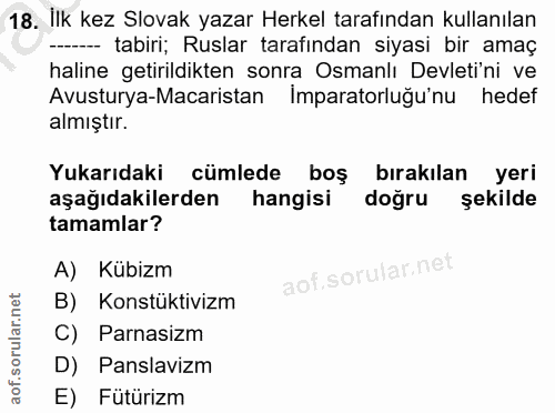 18. soru: Ilk kez Slovak yazar Herkel tarafından kullanılan --- tabiri; Ruslar tarafından siyasi bir amaç haline getirildikten…