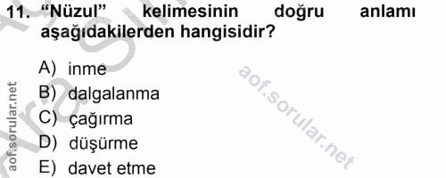 11. soru: "Nüzul" kelimesinin doğru anlamı aşağıdakilerden hangisidir? A) inme B) dalgalanma C) çağırma D) düşürme E) davet etme