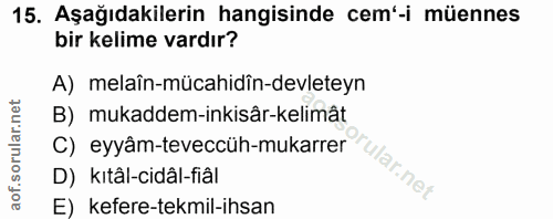 15. soru: Aşağıdakilerin hangisinde cem'-i müennes bir kelime vardır? A) melaîn-mücahidîn-devleteyn B) mukaddem-inkisâr-kelimât…