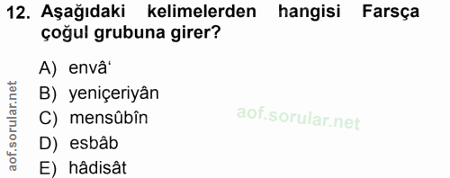 12. soru: Aşağıdaki kelimelerden hangisi Farsça çoğul grubuna girer? A) envâ orular.net B) yeniçeriyân C) mensûbîn D) esbâb aof…