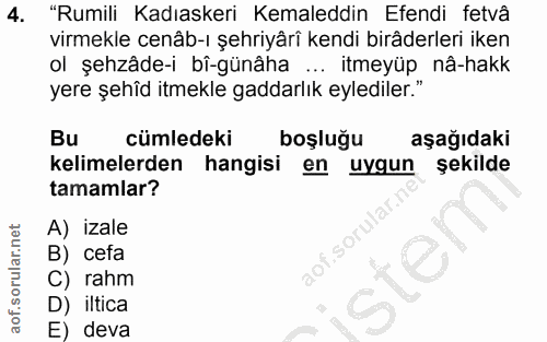 4. soru: "Rumili Kadıaskeri Kemaleddin Efendi fetvâ virmekle cenâb-ı şehriyâri kendi birâderleri iken ol şehzâde-i bî-günâha .…