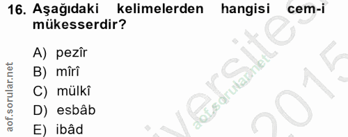 16. soru: Aşağıdaki kelimelerden hangisi cem-i mükesserdir? A) pezîr B) mîri sdrularine C) mülki D) esbâb E) ibâd