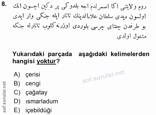 8. soru: روم ولا يتنى اكا اصمر لدم اجه بلدوكى ير دكين احسون انك .8 اولسون ديدى سلطان علاء الدينك تانار ايله جنكى وار ايدى بو ط…