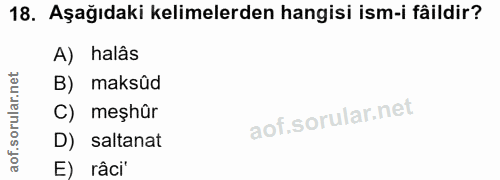 18. soru: Aşağıdaki kelimelerden hangisi ism-i fâildir? A) halâs B) maksûd C) meşhûr D) saltanat E) râci*