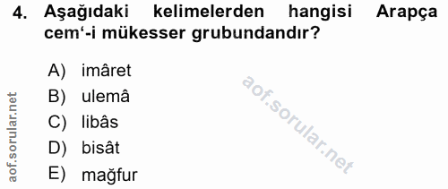4. soru: Aşağıdaki kelimelerden hangisi Arapça cem'-i mükesser grubundandır? A) imâret B) ulemâ C) libâs D) bisât E) mağfur
