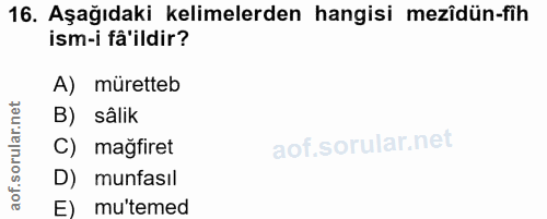 16. soru: Aşağıdaki kelimelerden hangisi mezîdün-fih ism-i fâ'ildir? A) müretteb B) sâlik C) mağfiret D) munfasıl E) mu'temed
