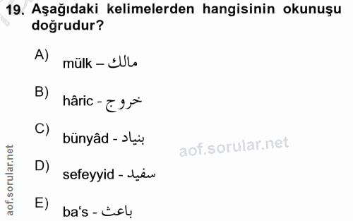 19. soru: Aşağıdaki kelimelerden hangisinin okunuşu doğrudur? A) mülk - SUL B) hâric -E95 C) bünyâd - suv. D) sefeyyid - سفيد E…