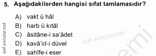 5. soru: Aşağıdakilerden hangisi sıfat tamlamasıdır? A) vakt ü hâl B) harb ü kitâl C) âsitâne-i sa'âdet D) kavâ'id-i düvel E)…