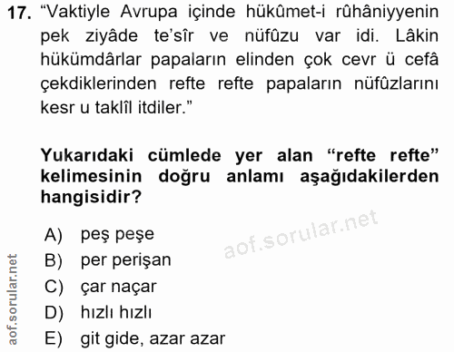 17. soru: "Vaktiyle Avrupa içinde hükümet-i rühâniyyenin pek ziyâde te'sîr ve nüfûzu var idi. Lâkin hükümdârlar papaların elind…
