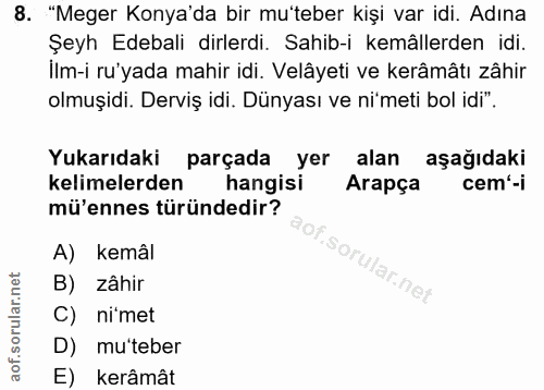 8. soru: "Meger Konya'da bir mu'teber kişi var idi. Adına Şeyh Edebali dirlerdi. Sahib-i kemâllerden idi. Ilm-i ru'yada mahir…