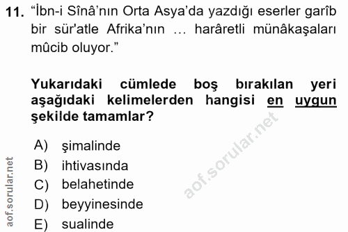11. soru: "İbn-i Sînâ'nın Orta Asya'da yazdığı eserler garîb bir sür'atle Afrika'nın ... harâretli münâkaşaları mûcib oluyor."…
