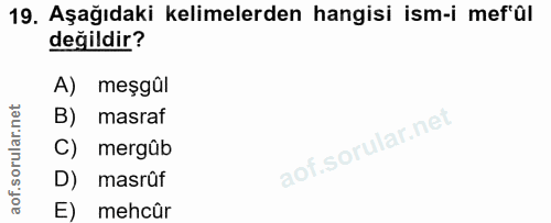 19. soru: Aşağıdaki kelimelerden hangisi ism-i mef'al değildir? A) meşgûl B) masraf C) mergûb D) masrûf E) mehcür