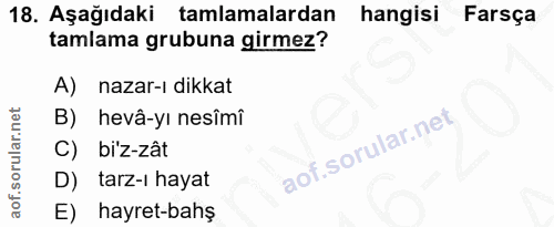 18. soru: Aşağıdaki tamlamalardan hangisi Farsça tamlama grubuna girmez? A) nazar-ı dikkat B) hevâ-yı nesîmî bi'z-zât D) tarz-i…