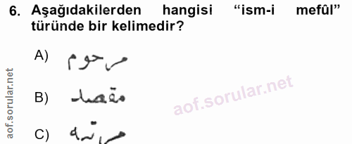 6. soru: Aşağıdakilerden hangisi "ism-i mefûl" türünde bir kelimedir? مر حوم (A B) taãs c) da.