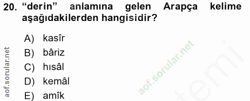 20. soru: "derin" anlamına gelen Arapça kelime aşağıdakilerden hangisidir? A) kasîr B) bäriz C) hisâl D) kemâl E amîk