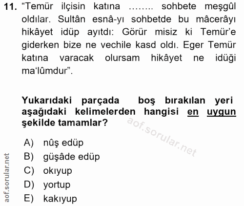 11. soru: "Temür ilçisin katına ….... sohbete meşgûl oldilar. Sultân esnâ-yı sohbetde bu mâcerâyı hikâyet idüp ayıtdı: Görür mi…