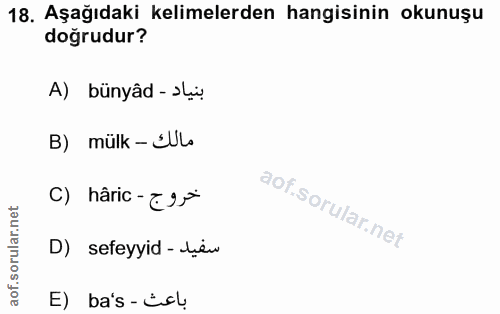 18. soru: Aşağıdaki kelimelerden hangisinin okunuşu doğrudur? A) bünyâd -›lu B) mülk- Šlo C) hâric -E95 D) sefeyyid - tén E) ba…