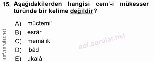 15. soru: Aşağıdakilerden hangisi cem'-i mükesser türünde bir kelime değildir? A) müctemi* B) esrar C) memâlik D) ibâd E) ukalâ