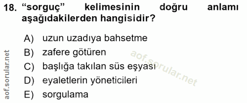 18. soru: "Sorguç" kelimesinin doğru anlamı aşağıdakilerden hangisidir? A) uzun uzadıya bahsetme B) zafere götüren C) başlığa t…