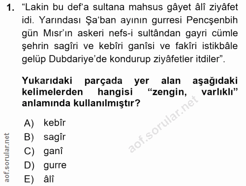 1. soru: "Lakin bu def'a sultana mahsus gâyet âli ziyâfet idi. Yarındası Şa'ban ayının gurresi Pencenbih gün Mısr'ın askeri ne…