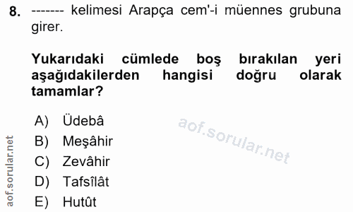 8. soru: --- kelimesi Arapça cem'-i müennes grubuna girer. Yukarıdaki cümlede boş bırakılan yeri aşağıdakilerden hangisi doğru…