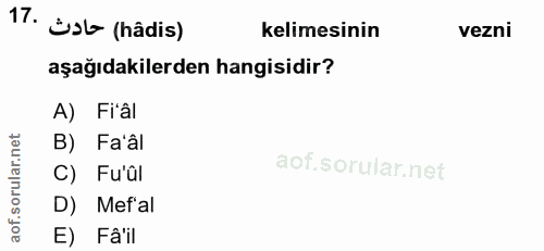 17. soru: Est (hâdis) kelimesinin vezni aşağıdakilerden hangisidir? A) Fi'âl B) Fa'âl C) Fu'ûl D) Mef'al E) Fâ'il