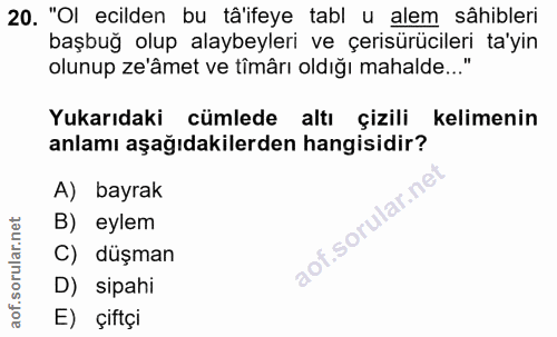 20. soru: "Ol ecilden bu tâ'ifeye tabl u alem sâhibleri başbuğ olup alaybeyleri ve çerisürücileri ta'yin olunup ze'âmet ve tîmâ…