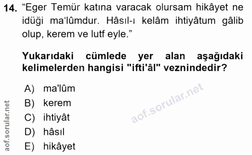 14. soru: "Eger Temür katına varacak olursam hikâyet ne idüği ma'lümdur. Hâsıl-ı kelâm ihtiyâtum gâlib olup, kerem ve lutf eyle…