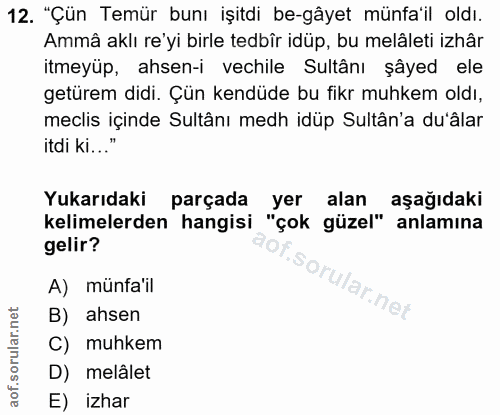 12. soru: "Çün Temür bunı işitdi be-gâyet münfa'il oldı. Ammâ aklı re'yi birle tedbîr idüp, bu melâleti izhâr itmeyüp, ahsen-i…
