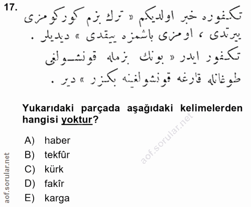 17. soru: Yukarıdaki parçada aşağıdaki kelimelerden hangisi yoktur? A) haber B) tekfûr C) kürk D) fakir E) karga