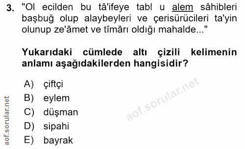3. soru: "Ol cilden bu tâ'ifeye tabl u alem sâhibleri başbuğ olup alaybeyleri ve çerisürücileri ta'yin olunup ze âmet ve tîmâr…
