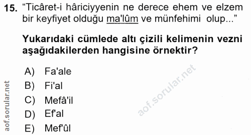 15. soru: "Ticâret-i hâriciyyenin ne derece ehem ve elzem bir keyfiyet olduğu ma'lûm ve münfehimi olup..." Yukarıdaki cümlede a…
