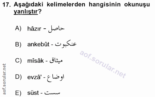 17. soru: Aşağıdaki kelimelerden hangisinin okunuşu yanlıştır? A) hâzır - Jole B) ankebût- Ogutis C) mîsâk - ül D) evzâ - {lis…
