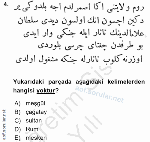 4. soru: sasali oug. stin jv b g. Yukarıdaki parçada aşağıdaki kelimelerden hangisi yoktur? A) meşgül ar.net B) çağatay C) sul…