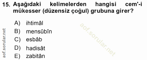 15. soru: Aşağıdaki kelimelerden hangisi cem'-i mükesser (düzensiz çoğul) grubuna girer? A) ihtimâl B) mensûbîn C) esbâb of. D)…