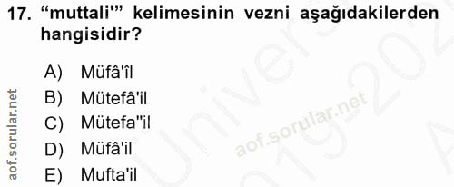 17. soru: "muttali"" kelimesinin vezni aşağıdakilerden hangisidir? A) Mufâ'il B) Mütefâ'il C) Mütefa"il D) Müfâ'il E) Mufta'il