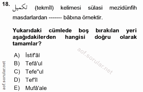 18. soru: Jat (tekmil) kelimesi sülasi mezidünfih masalardan -- bâbına örnektir. Yukarıdaki cümlede boş bırakılan yeri aşağıdak…