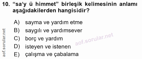 10. soru: "sa'y ü himmet" birleşik kelimesinin anlamı aşağıdakilerden hangisidir? A) sayma ve yardım etme B) saygılı ve yardıms…