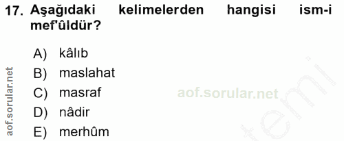 17. soru: Aşağıdaki kelimelerden hangisi ism-i mef'ûldür? A) kâlıb B) maslahat C) masraf D) nâdir E) merhûm