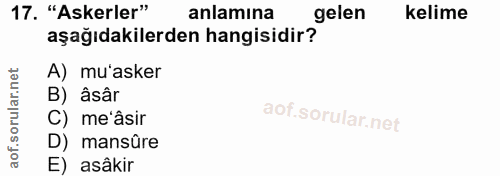 17. soru: "Askerler" anlamına gelen kelime aşağıdakilerden hangisidir? A) mu'asker B) âsâr C) me'âsir D) mansûre E) •asâkir