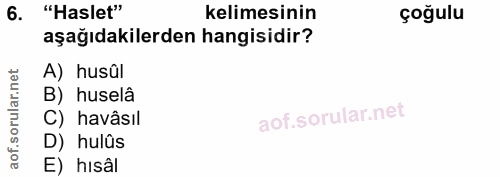 6. soru: "Haslet" kelimesinin çoğulu aşağıdakilerden hangisidir? A) husûl B) huselâ C) havâsıl D) hulûs E) hisâl