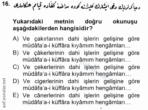 16. soru: Yukarıdaki metnin doğru okunuşu aşağıdakilerden hangisidir? A) Ve çakırlarının dahi işlerin gelişine göre müdâfa'a-i…