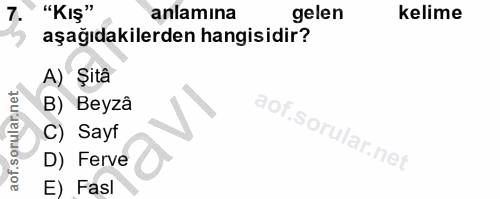 7. soru: "KIŞ" anlamına gelen kelime aşağıdakilerden hangisidir? A) Şita B) Beyzâ C) Sayf D) Ferve E) Fasl