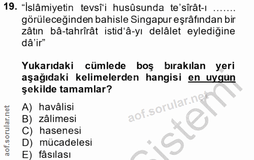 19. soru: "İslâmiyetin tevsîi husûsunda te'sîrât-ı ....... görüleceğinden bahisle Singapur eşrâfından bir zâtın bâ-tahrirât ist…