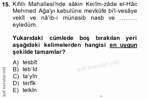 15. soru: Kıfillı Mahallesinde sâkin Kerîm-zâde el-Hâc Mehmed Ağa'yı kabulüne mevkûfe bi'l-vesâye vekîl ve nâ'ib-i münasib nasb…